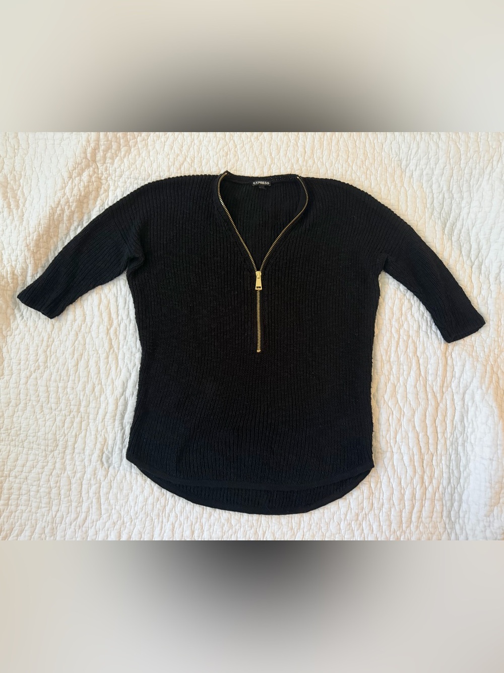 Express Black V-Neck Zip Knit Sweater with Gold Hardware